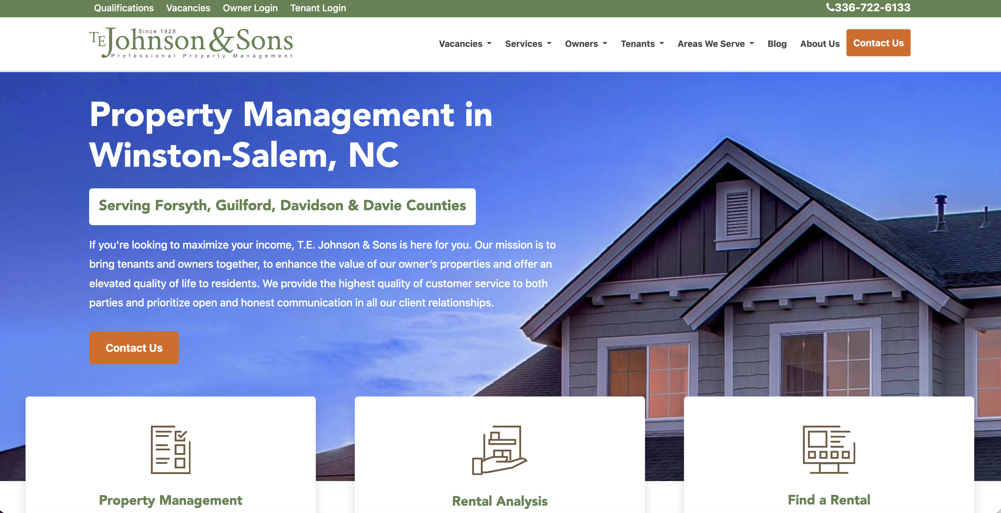 T.E. Johnson & Sons website showing Winston-Salem NC property management