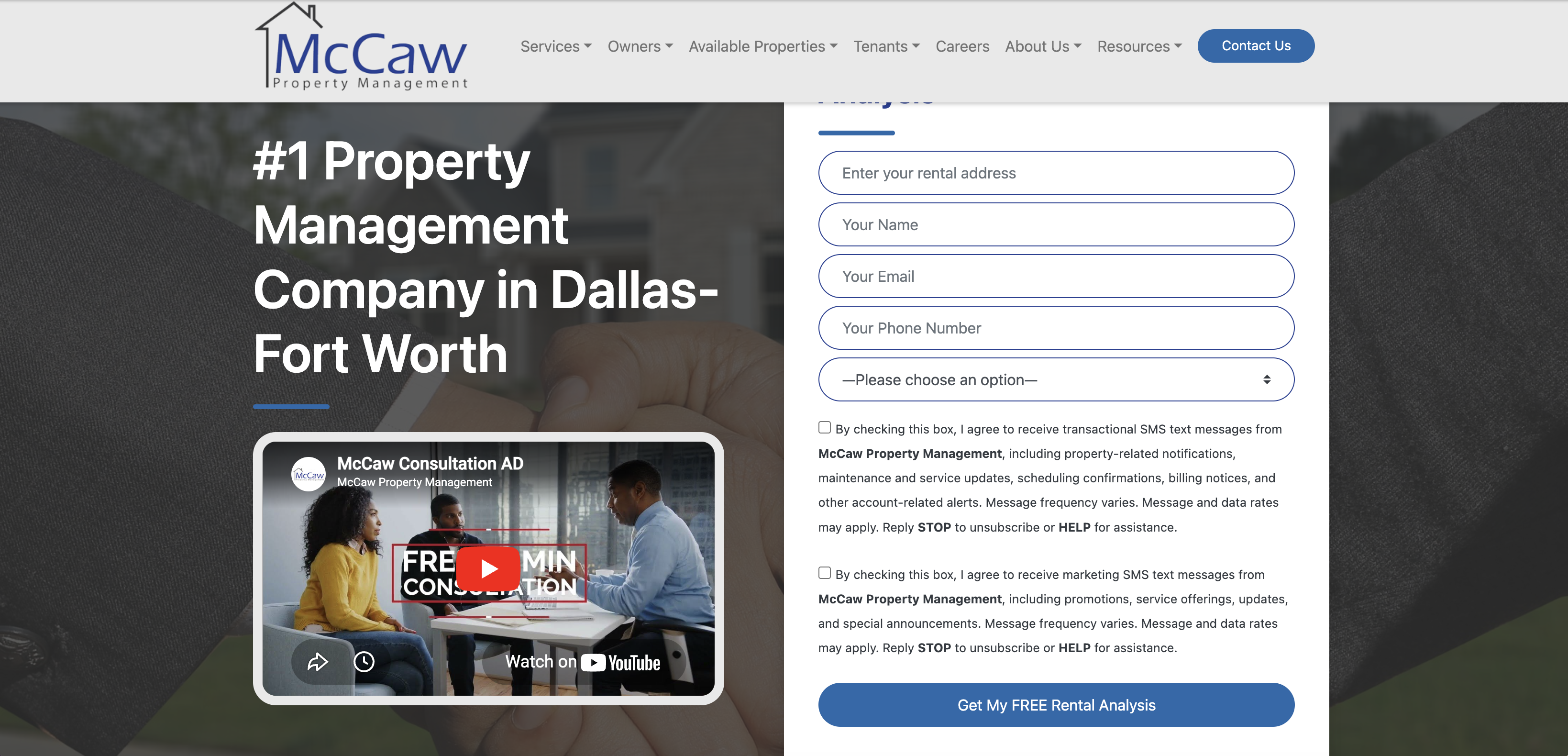 McCaw Property Management website homepage showing Dallas/Fort Worth property management services