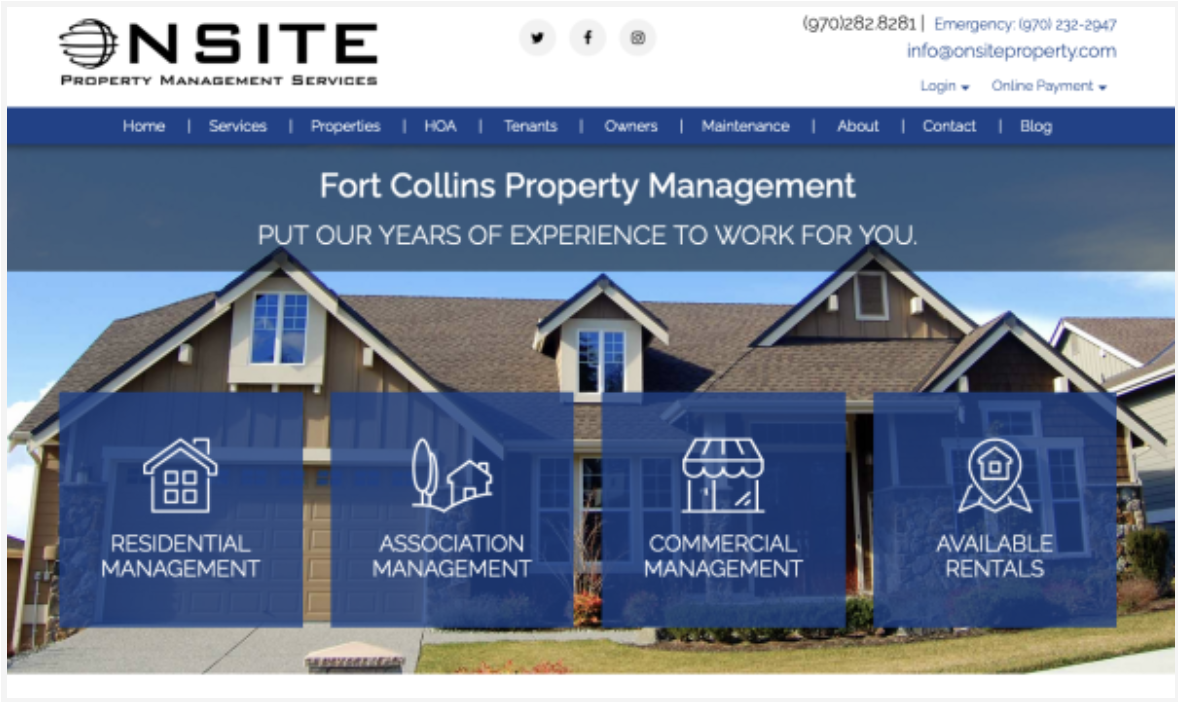 Onsite Property Management Services website showing Fort Collins property management