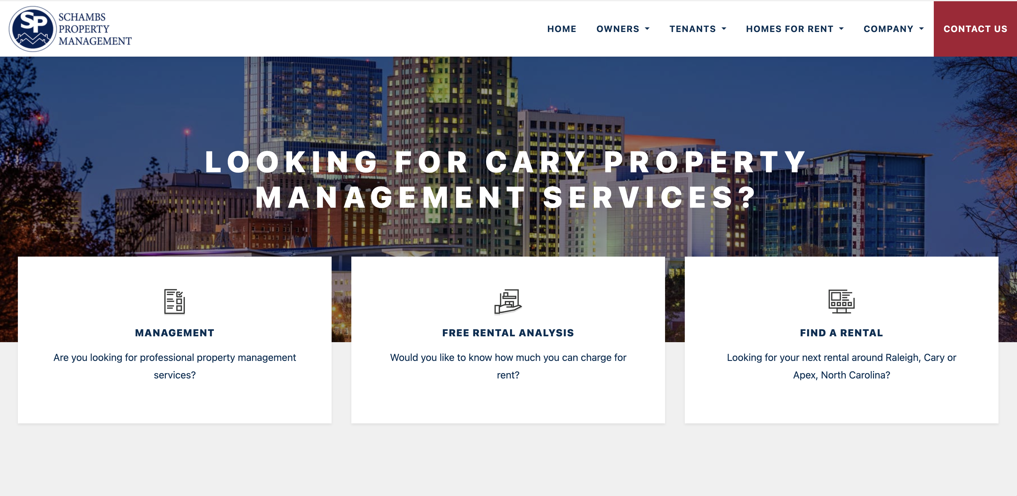 Schambs Property Management website showing Raleigh Cary Apex property management